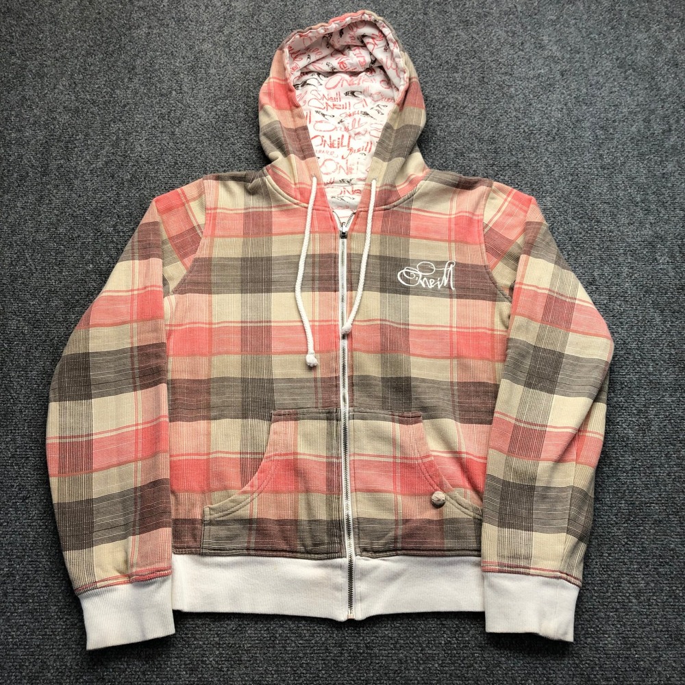ONeill Reversible Zip Up Hoodie Plaid Waffle Knit Logo Print Pink Brown Womens